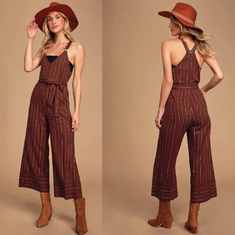 BILLABONG Bella Day Burgundy Multi Striped Culotte Jumpsuit Overalls Size Large